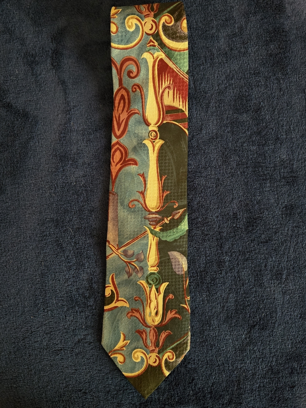 Vtg Wembley Ornate Baroque Tie in Teal, Red, and Gold